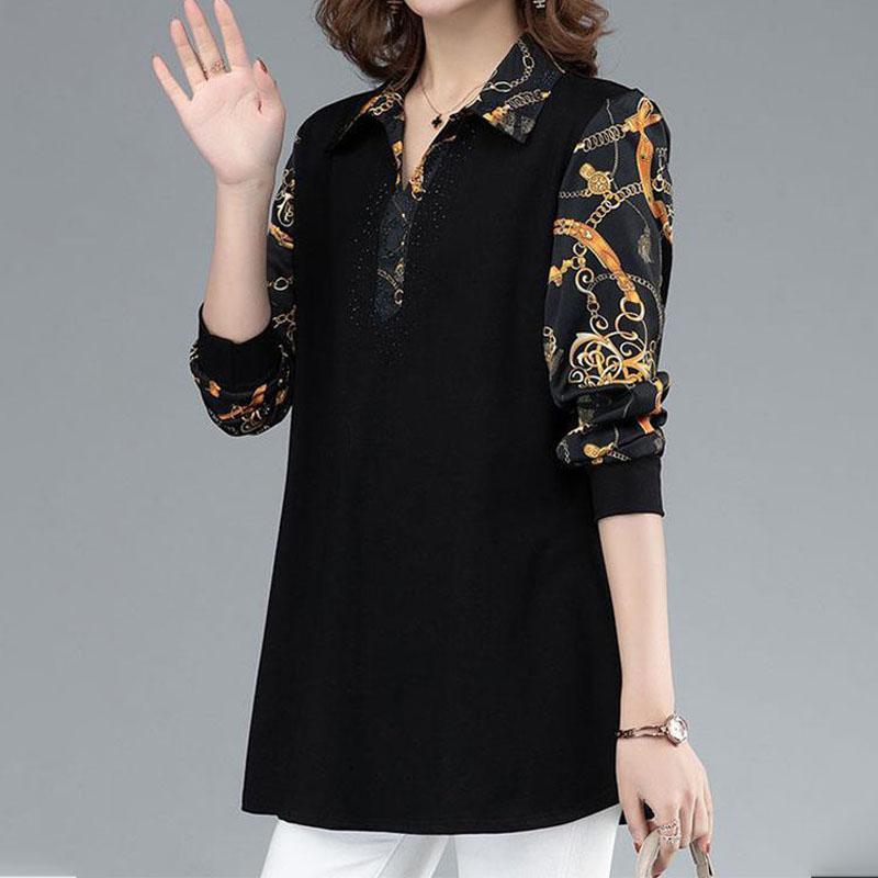 Fashion Turn-down Collar Printed Vintage T-shirt Midi Women's Clothing Autumn Long Sleeve Casual Diamonds Spliced Pullovers Tops