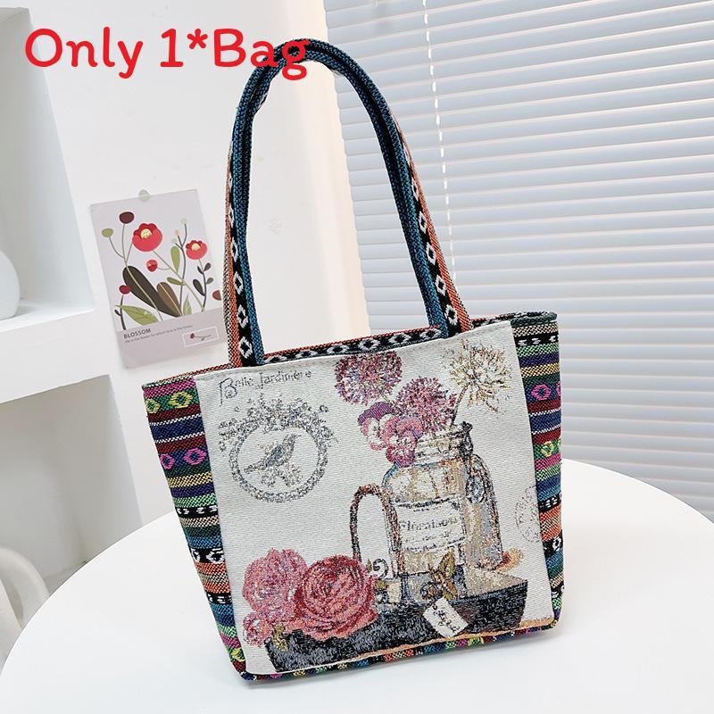 Elephant Embroidered Canvas Handbag With Dual Handles For Casual Daily Use