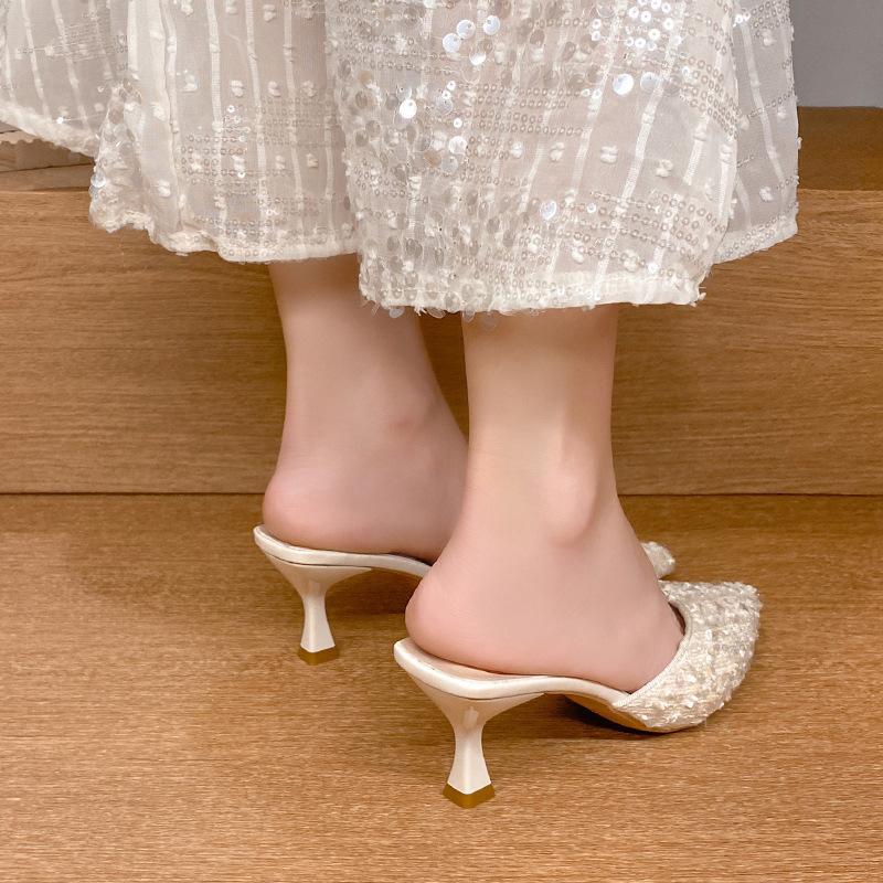 Baotou half slippers women's outer wear 2025 new pointed high heels women's thin heels versatile sequins fashion Mill shoes