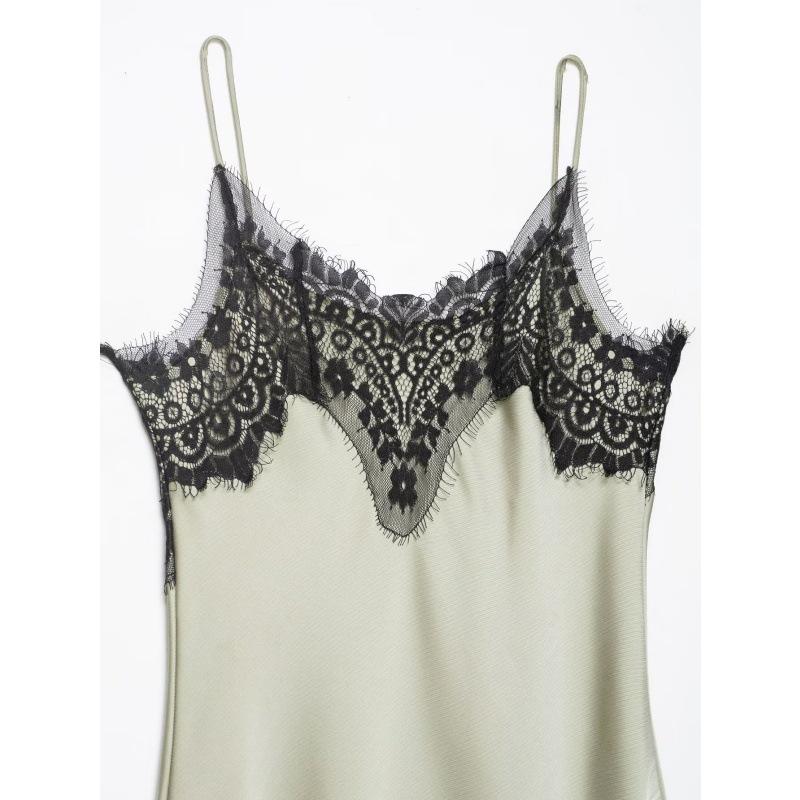 2026 European & American Lace Trim Spaghetti Strap Sexy Slit Long Dress