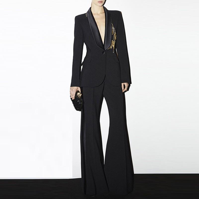 Fashionable Temperament Suit Heavy Industry Beaded Design Slim Coat High-rise Straight Flared Trousers