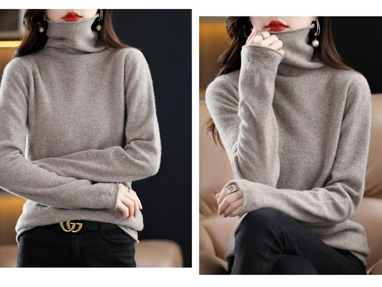 Dámský kašmírový rolák – Jednobarevný, krátký střih, jednoduchá pletenina, 100% vlna pro podzim a zimu.