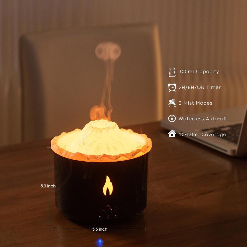 300ml Essential Oil Diffuser, Volcano Flame Aromatherapy Diffusers Fragrant Humidifier Vaporizer with Remote Control, Night Lights, Timer Auto Off