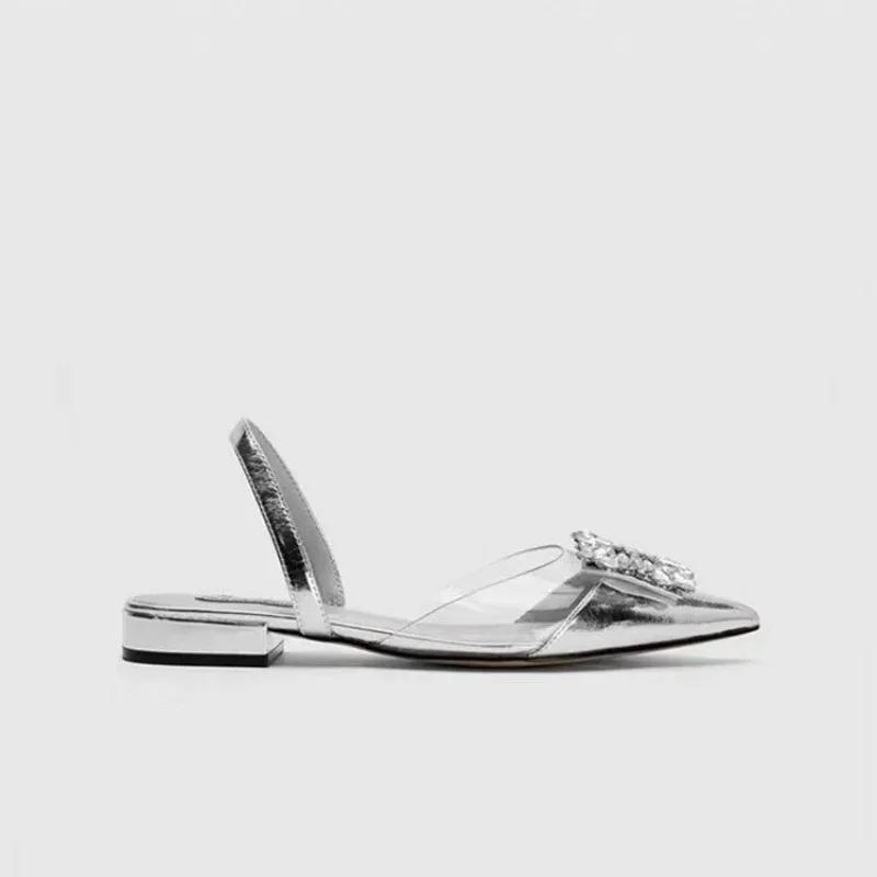 Designer Woman Fashion Sexy Banquet Comfort Crystal Transparent Solid Color Pointed Toe Women Low Heel Sandals Zapatos De Mujer
