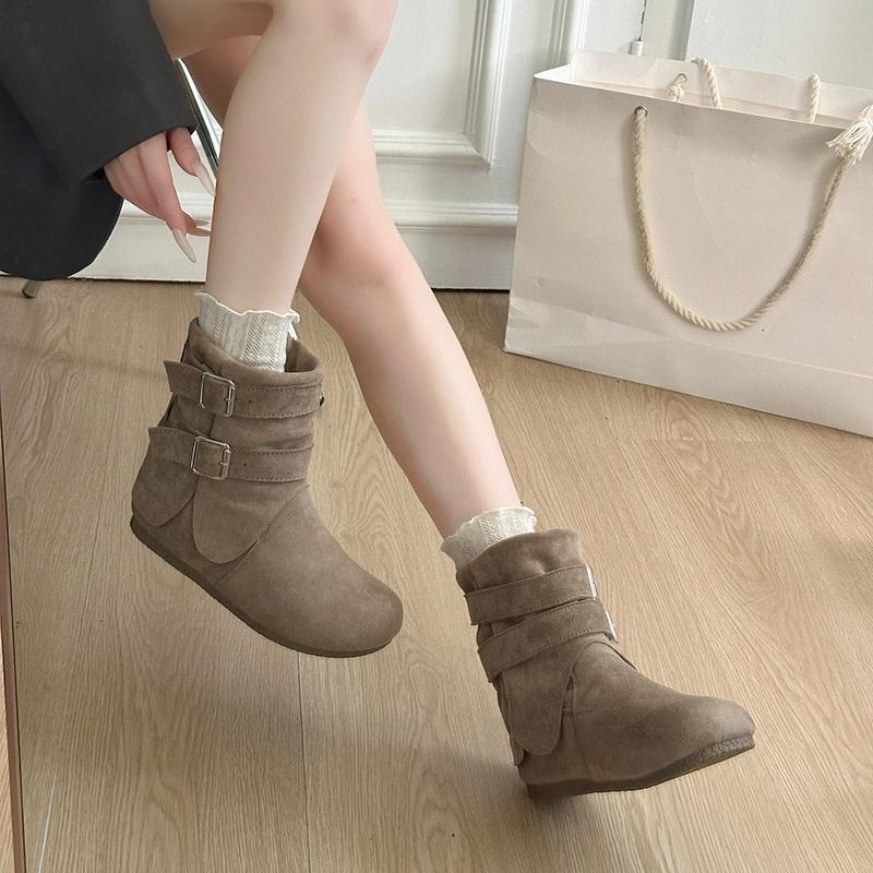 Fashion Suede Booties Autumn New Round Toe Sleeve Metal Buckle Non-Slip Wear-Resistant Flats