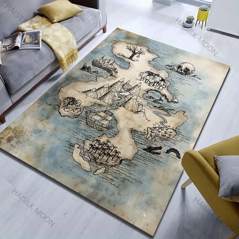 Island Treasure Map Print Carpet for Bedroom Living Room Bedside Sofa Floor Mat Modern Home Decor Area Rug Large Size
