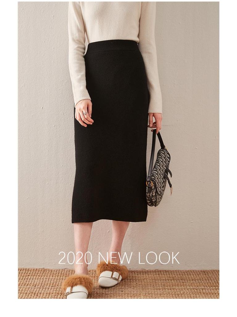 Dámská vlněná sukně střední délky s vysokým pasem a úzkým střihem - Podzimní/zimní trendy pletený hip style