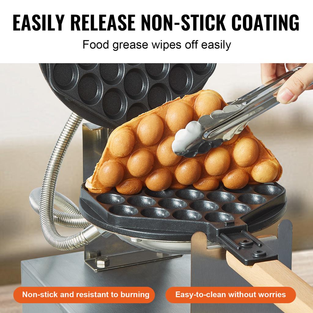 1400W 2 Teglie Commerciale Macchina per Waffle a Bolle d'Uovo Rotante & Manici in Legno Antiaderente Acciaio Inossidabile Bubble Puff con 180°