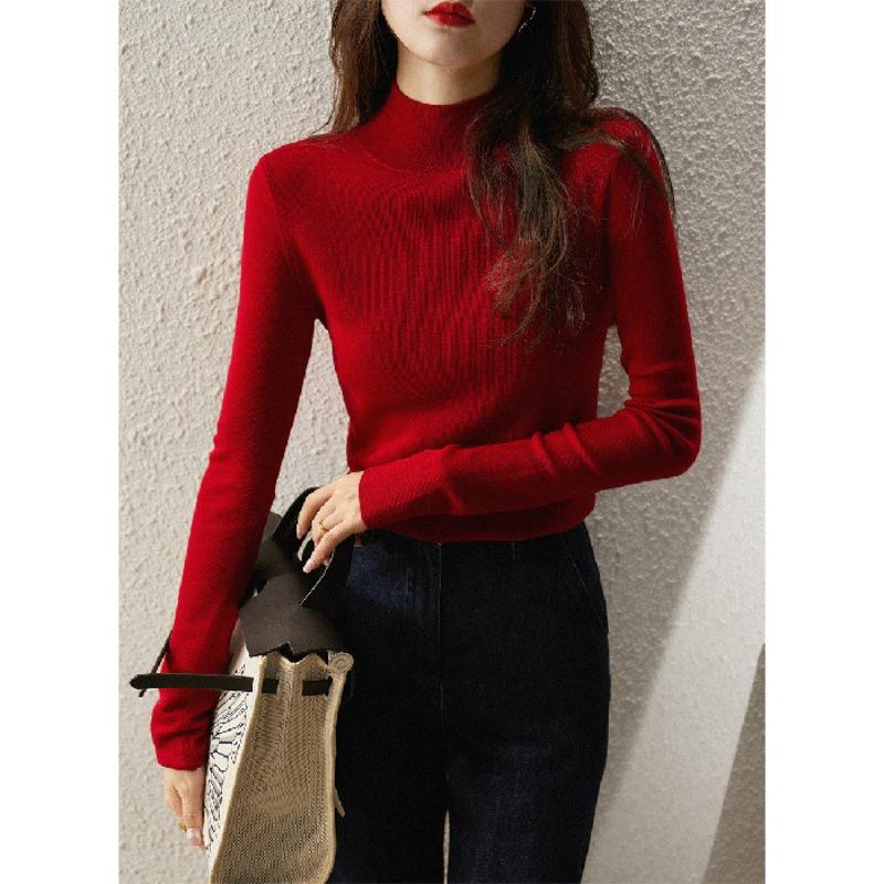 

Semi-turtleneck bottoming shirt women s long-sleeved autumn and winter clothes with sweater inside, thin loose and thin knitted top One Size красный