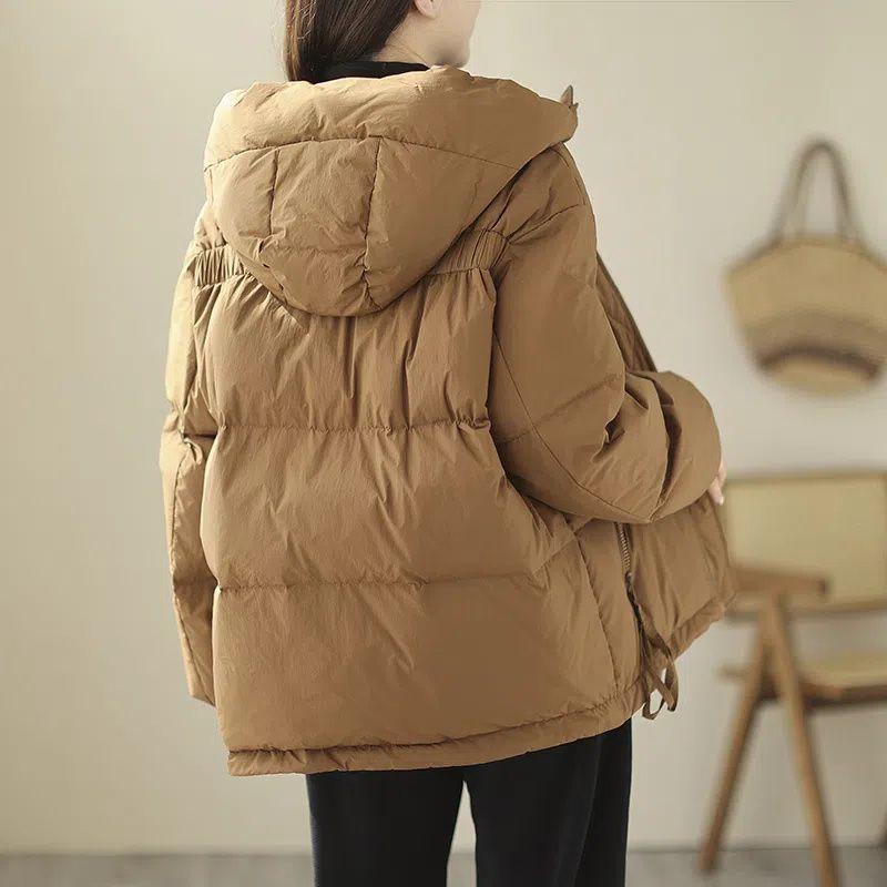 Autumn Winter Women Parkas Korean Fashion Casual Hooded Solid Pockets Zipper Pleated Loose Thicken Cardigan Cotton Coats Tops