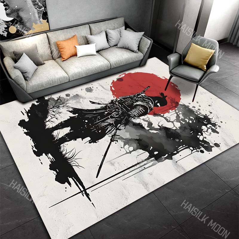 Samurai and Red Sun Ink Painting Print Carpet Rug for Living Room Bedroom Sofa Doormat Home Decor Non-slip Floor Mat