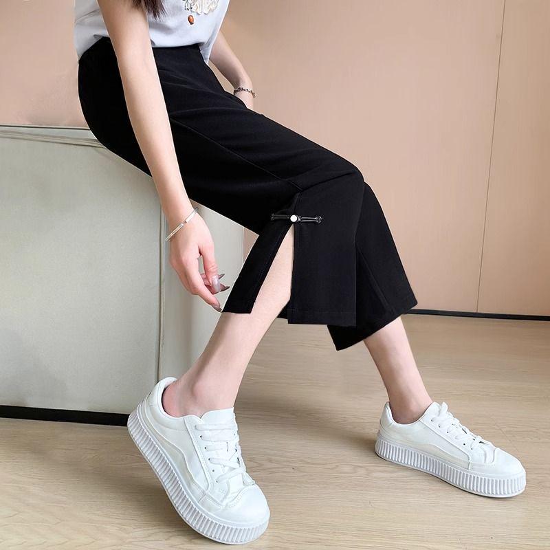 

2026 Women s Chinese Style Wide-Leg Slit Pants - Summer, Loose, Slimming, Drape, Plus Size, Nine-Point Length XL for 121-140 lbs