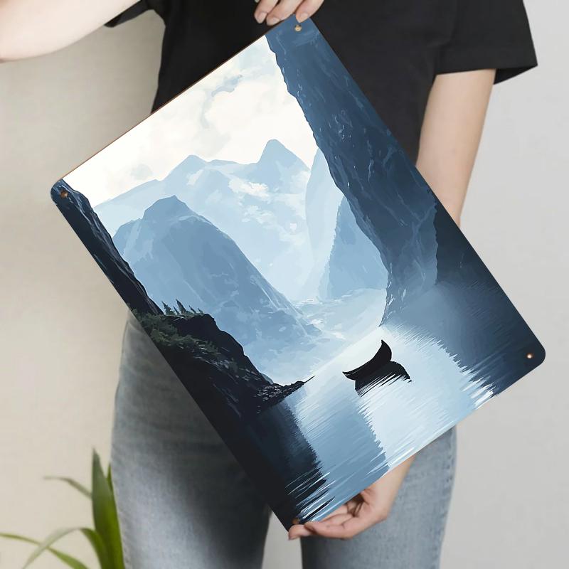 

Mountain Lake Boat Scenery Metal Iron Painting Home Wall Decor Living RoomModern Minimalist Hanging Art 20x30cm（7.8x11.8inch）