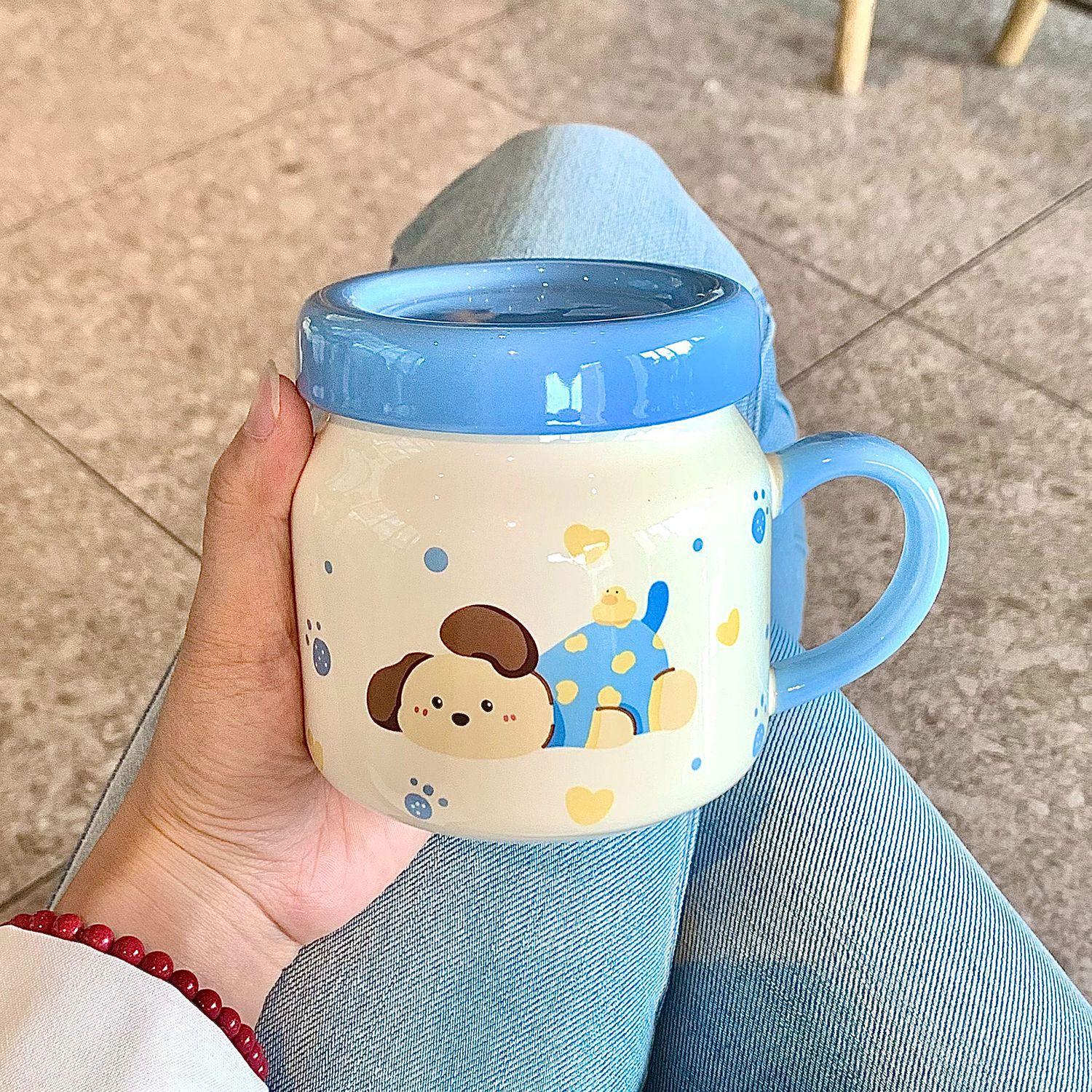 

High-value ins wind mug with lid, cute ceramic cup, couple water cup, household birthday gift for girls 400ml