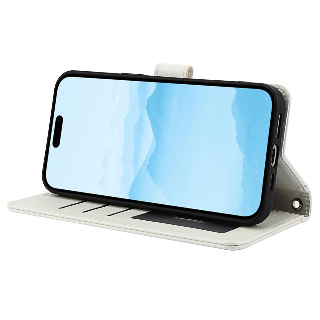 SY-003 For iPhone 15 Plus/14 Plus Case PU Leather Stand View Phone Wallet Cover with Hand Strap