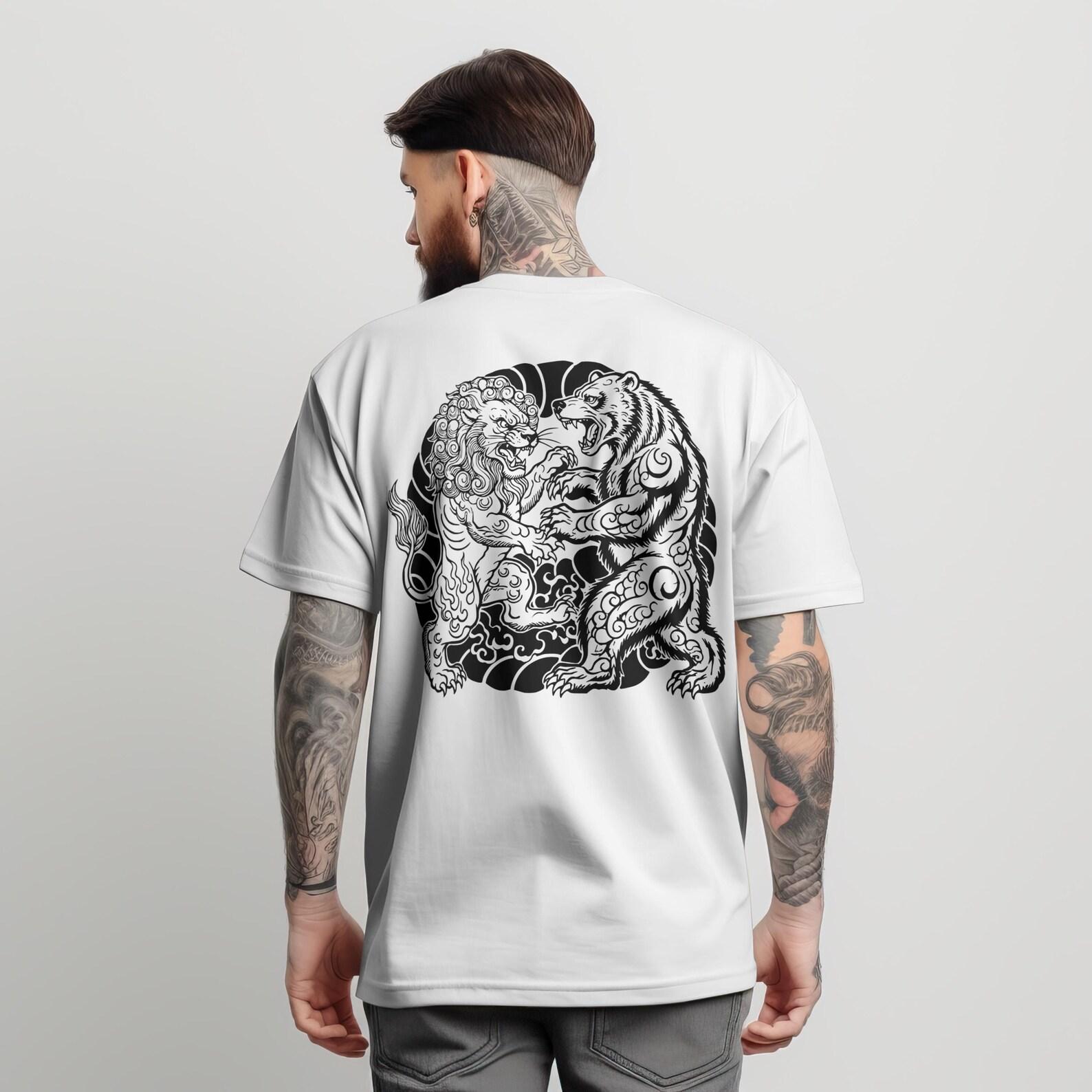 Japanese Lion vs Bear tattoo style T-shirt | Back print 4XL