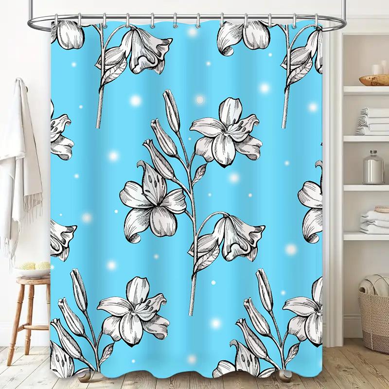 Luxury Blue Shower Curtain with White Flower Print Perfect for Bathroom Decor 3D Printed Shower Curtains Set Easy Installation W