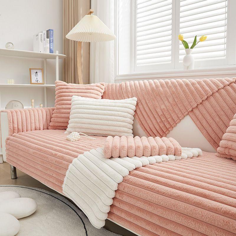 Rabbit Plush Straight Strip Sofa Cover Winter Thicken Plush Sofa Mat Couch Slipcovers for Living Room Solid Anti-slip Sofa Towel