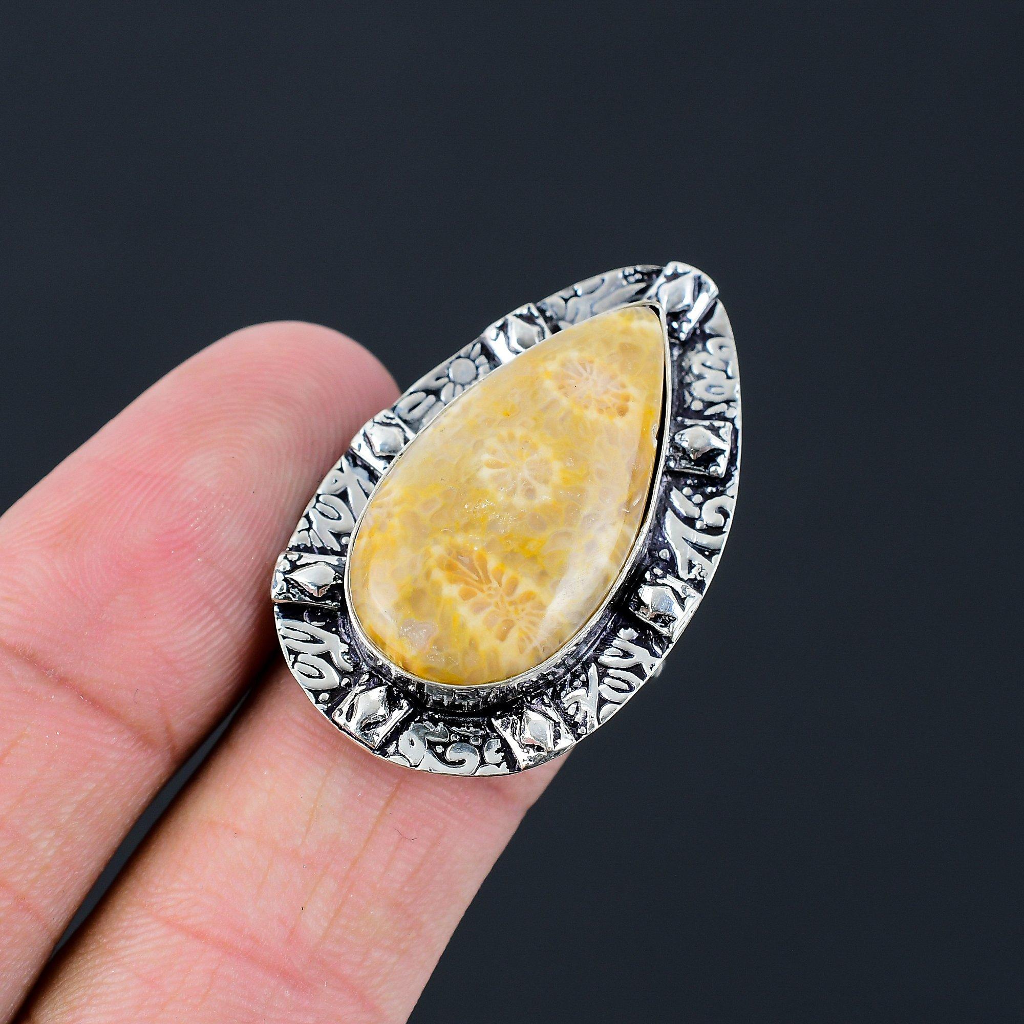 Daughters Day Deal Fossil Coral Stone Sterling Silver Boho Promise Ring Size 8.5 8.5