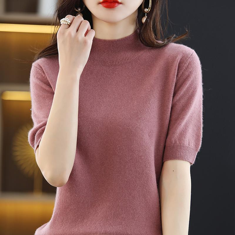 

Women s Spring Autumn Half-sleeved Knitted Short-sleeved Thin Blouse Women s T-shirt Round Neck Mid-sleeved Loose Blouse XS