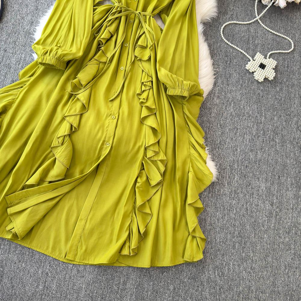 Jemný styl Temperament Bublinkové rukávy Stojáček Stahovaný pas Áčkový střih Volánový okraj Šifonové šaty Elegantní Velká kolová Dlouhé šaty