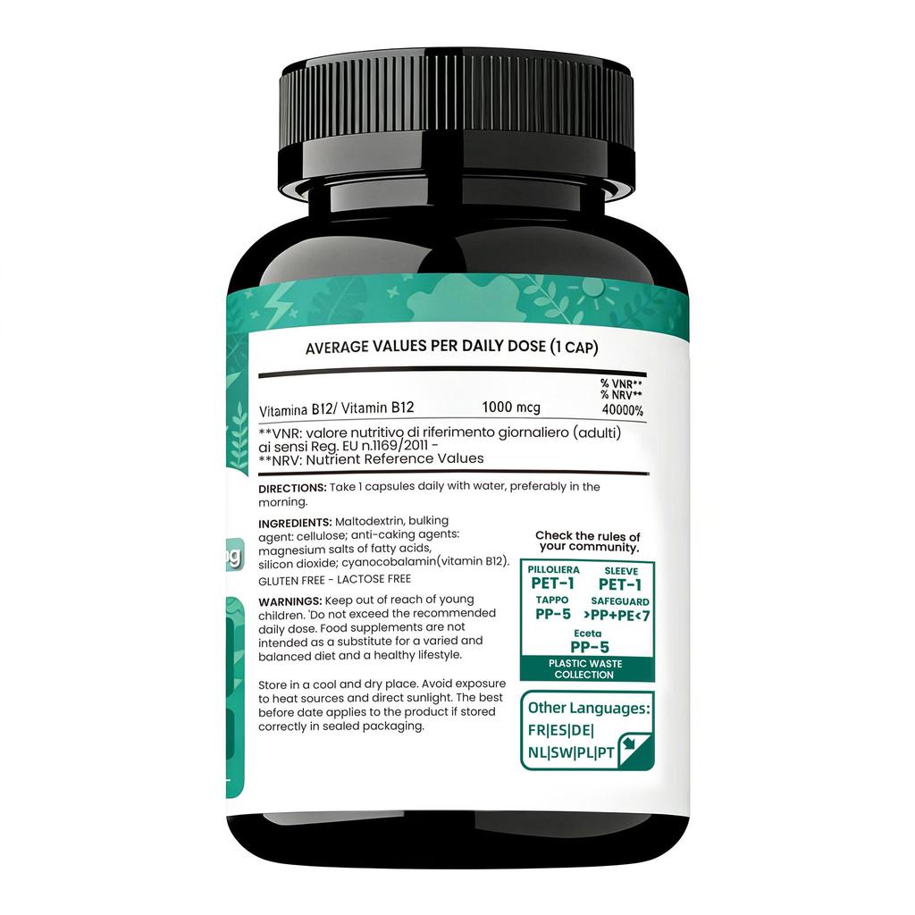 Vitamin B12 1000 mcg helps replenish energy and boost immunity. Vitamin B12 cyanocobalamin, gluten-free and GMO-free.
