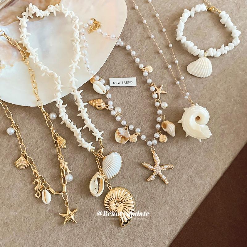 Sea Breeze Whispering~ Star Shell Conch Pearl Necklace Bracelet Set Sweet Holiday Wind Huge Good-looking Jewelry Women