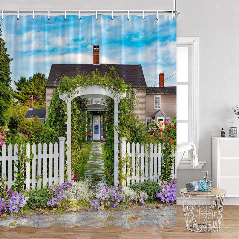 

Расписанные вручную шторки для душа с видом на улицу Европейское садовое кафе Зеленые растения Цветы Зелень Декор для ванной Современная шторка для ванной 120x180cm-47x70in