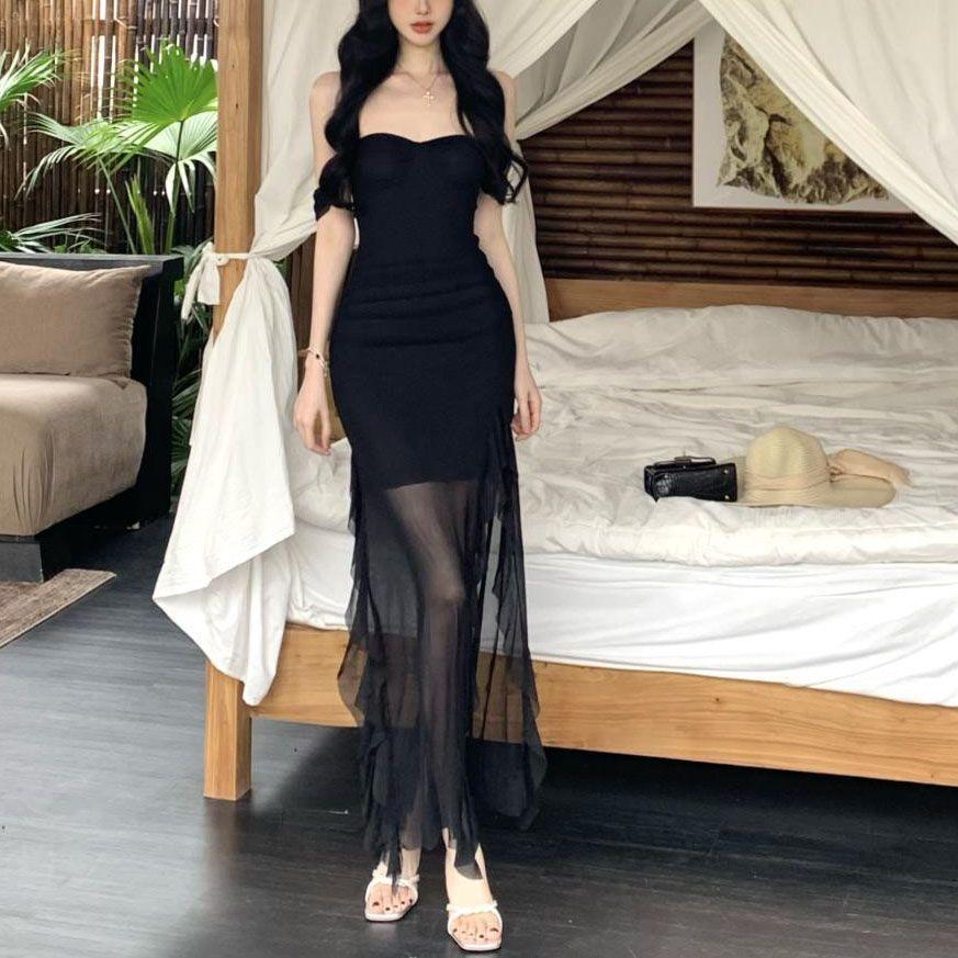 One-word Shoulder Black Sleeveless Tube Top Dress Women's Summer Mesh Stitching Fishtail Skirt Slim Skirt Hip-wrapped Long Dress