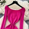 Autumn Spring Women Square Collar Full Sleeve Long Midi Knitted Sweater Office Work Slim Bodycon Pullover Dresses