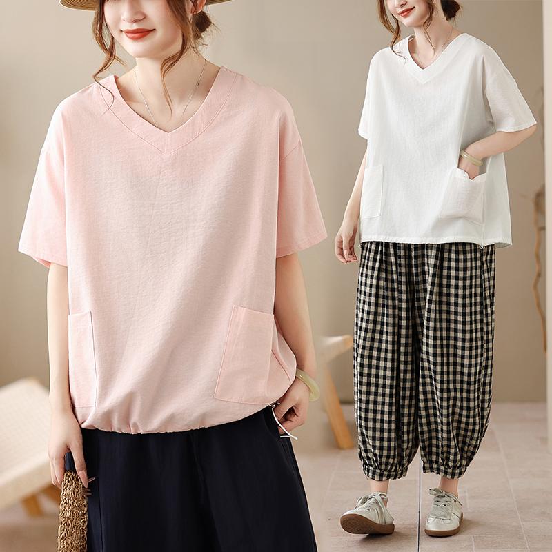 DIMANAF 2026 Plus Size Summer Women T-Shirts Casual Lady Tops Tunic Shirt Oversize Loose Tees Cotton Solid