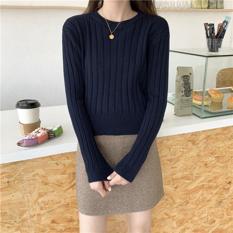Maglione pullover lavorato a maglia retrò autunnale da donna, scollo a V, manica lunga, strisce verticali, fondo lavorato a maglia, esterno largo, colore solido