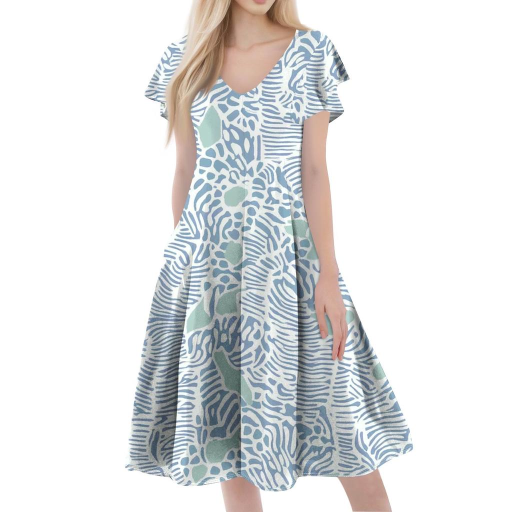 A Casual And Fashionable V-Neck Short-Sleeved Medium-Length Dress With Floral Prints For Women