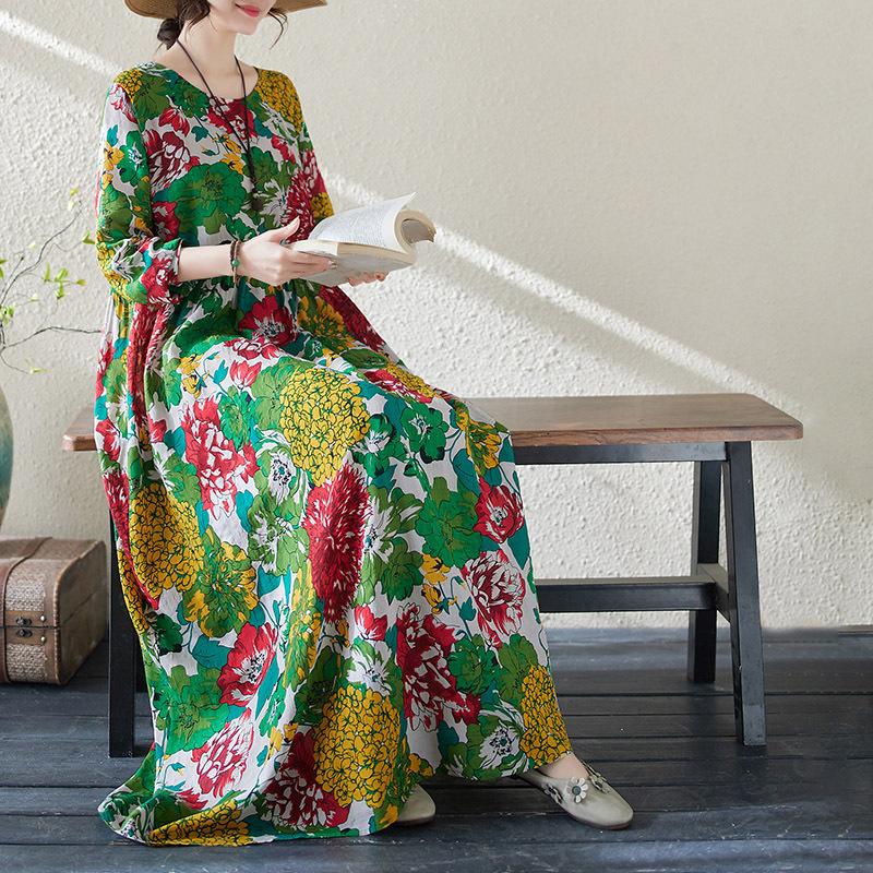 Big Size Women's Printed Cotton Linen Long Dress Female Spring and Summer Loose Literary Temperament Thin Round Neck Retro Long-sleeved Dresses