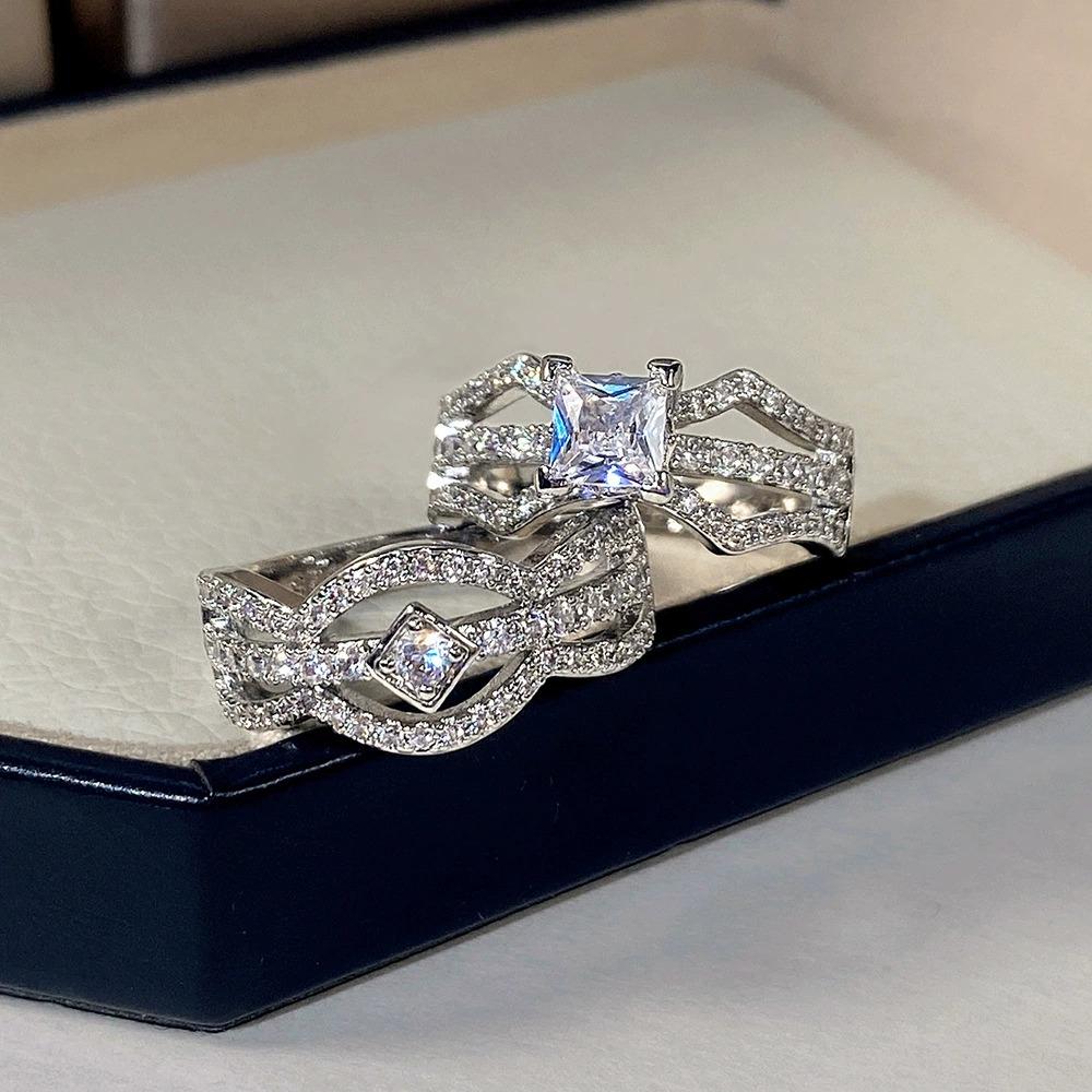 2Pcs/Set Fashion Silver Color Rhinestone Zircon Rings For Women Full Crystal Rings Wedding Engagement  Anniversary Gifts