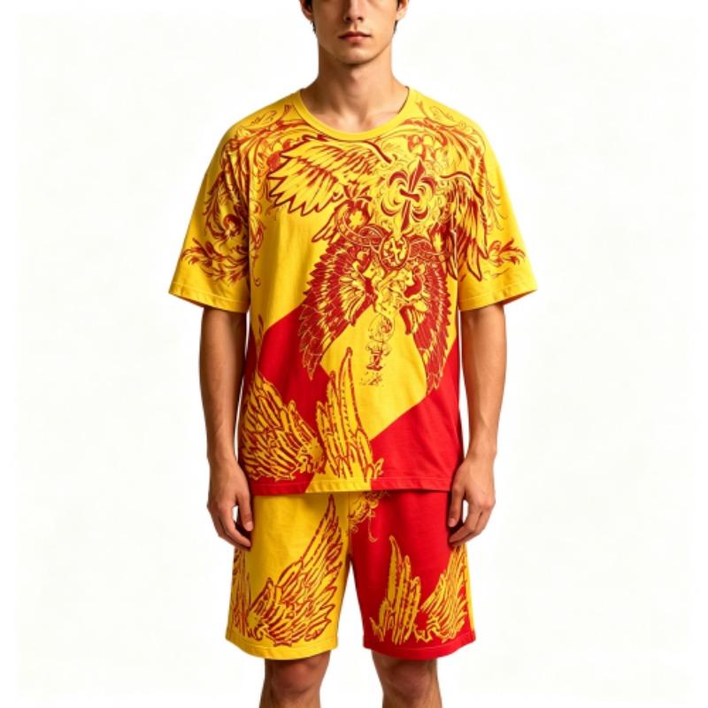 Summer Casual Angel Wing Printed Round Neck Short Sleeved T-Shirt And Shorts Set Men's and Women's T-shirt Shorts Set