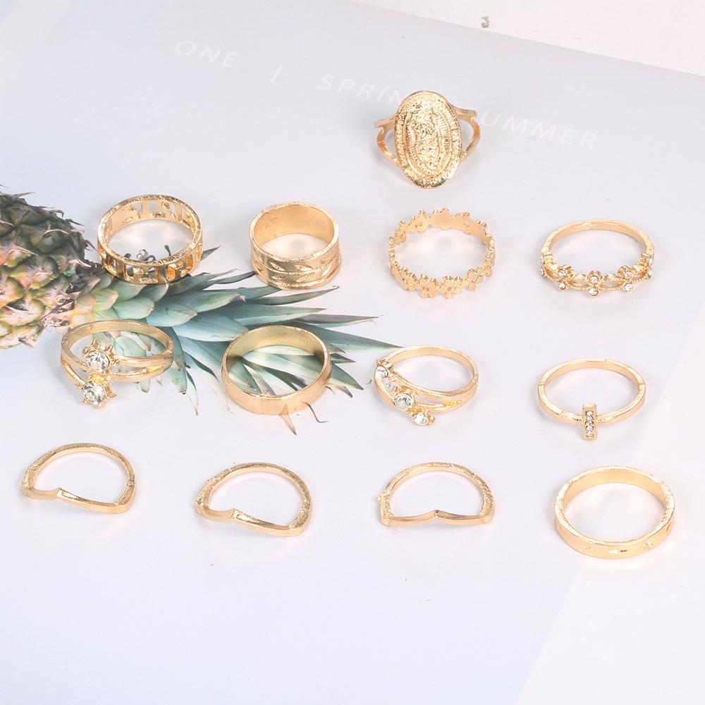 English Madonna Simple Pattern Joint Ring Small Flowers and Leaves 13-piece Ring Set
