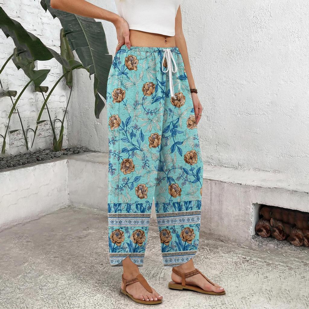 Women's Drawstring Wide Leg Printed Pants - Loose Fit Straight Leg Casual Trousers for Everyday Wear