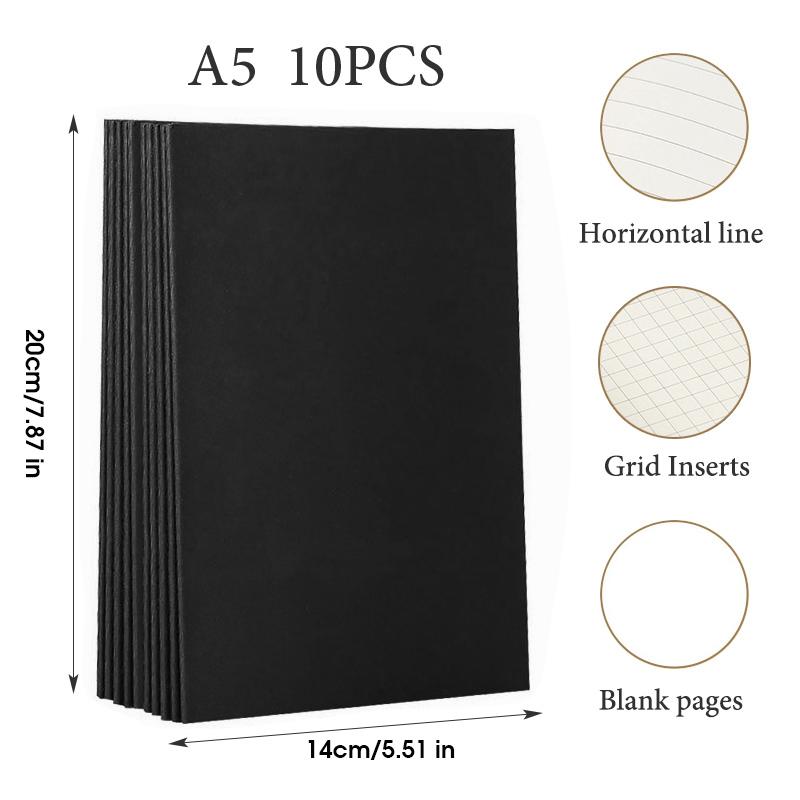 10Pcs A5 B5 A4 Notebook, Thin Draft Notebook 36 Sheets/72 Pages/Book, Kraft Paper and Black Cover, Office Study Notes Supplies