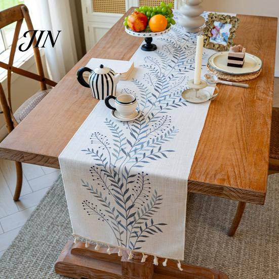 Floral Embroidery Table Runner Embroidered Runner, Elegant Dining Cover, White Rustic Durable for with Tassels Home Wedding Bridal Shower Decor