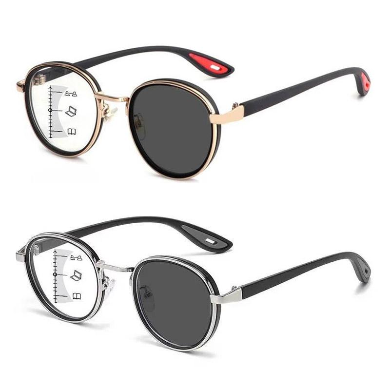 Retro Color Changing Multifocal Reading Glasses Men Women Trendy Outdoor Photochromic Eyewear Unisex Round Frame Eyeglasses