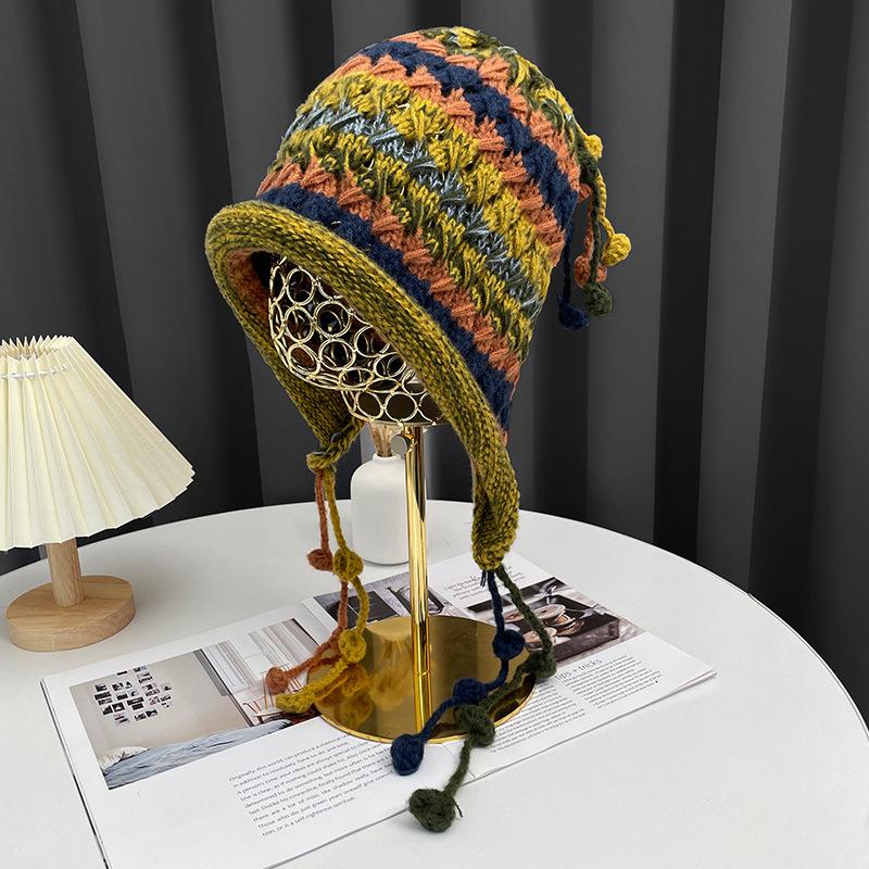Handmade Crochet Ear Protection Woolen Hat for Women in Autumn and Winter with Colorful Tassel Ball Pullover Cold Hat Knitted Lei Feng Hat