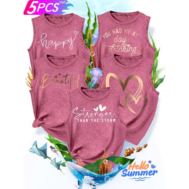 2026New Women's vest5Pieces Letter Heart Gold Foil Print Simple, Stylish, Casual, Versatile, Comfortable, Soft, Skin-friendly Spring/summer Top S-XXL