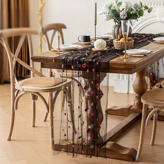 Květinová výšivka Běhoun na stůl Vyšívaný květinový tylový běhoun na stůl Jarní letní běhoun na stůl