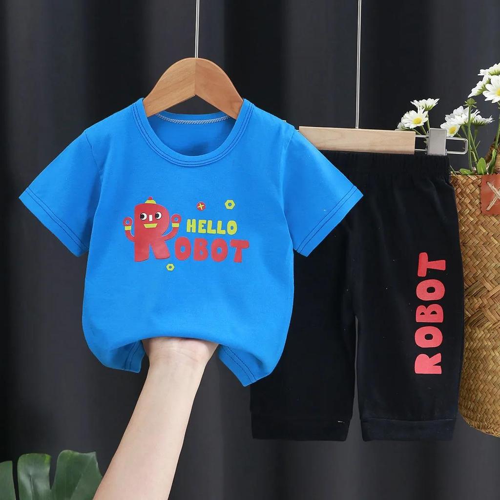 Children's Suit Summer Thin Short Sleeve Suit Boys and Girls Loose Korean Printed Animal T-shirt Shorts Two Piece Set