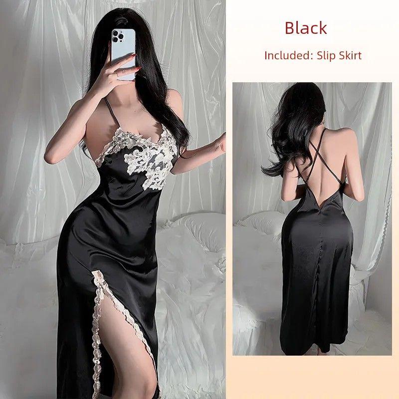 

Open Back Nightdress Intimates Sexy Satin Water-Soluble Embroidery Pajamas Ladies Split Suspender Skirt See-through Home Black L