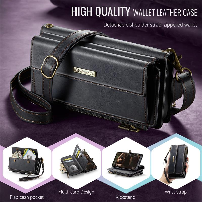 CaseMe Flip Leather Phone Case for iPhone 17 Pro Max 17E Air 16 Plus 16E 15 14 13 12 11 X XS XR SE 2022 8 Long Lanyard Zipper Wallet Multi Card Cover