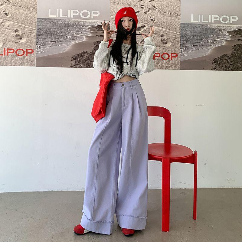 Autumn Winter Purple Vintage Drape Straight Relaxed Wide Leg Denim Pants For Women Casual Pants Oversize Denim Trousers