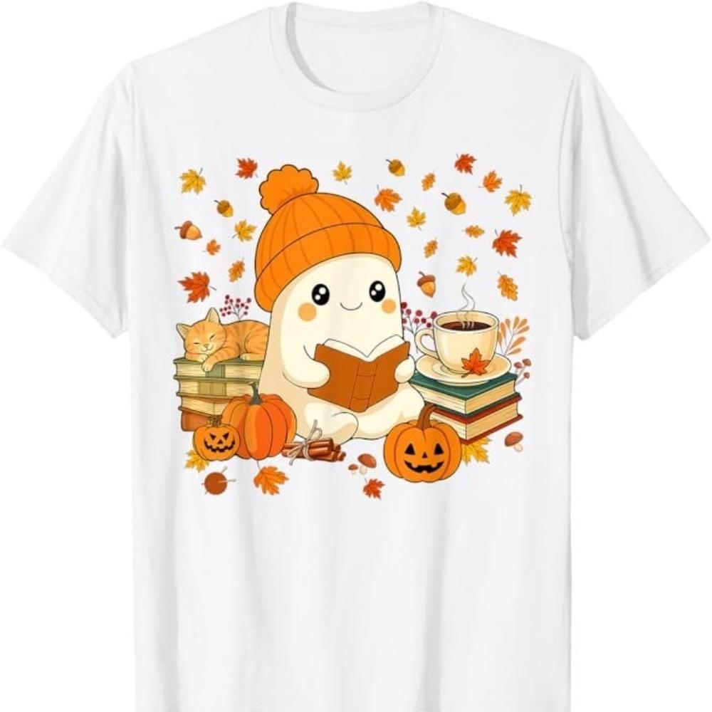 Cute Ghost Reading Book Lovers Autumn Fall Halloween Ghost Womna Man TShirt Festival Fashion Casual Cotton Printed Tshirt S
