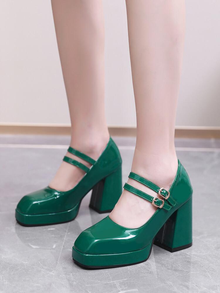 40-47 Foreign Trade Large Size Spring Waterproof Platform Thick High Heel Shallow Mouth Square Head Mary Jane Women's Single Shoes Skinny